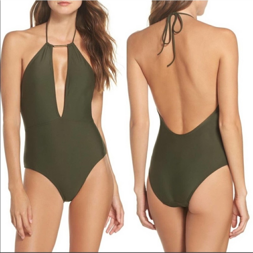 Ted Baker Pikaa Halter Deep-V One Piece Khaki NWT